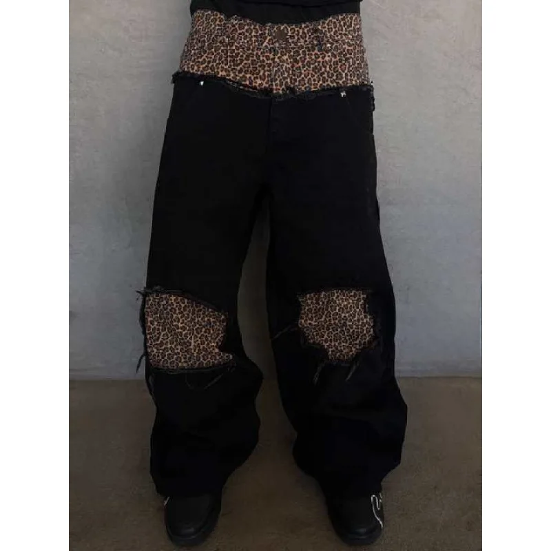 

American retro leopard print patchwork fake two-piece straight leg mop jeans for men, high street trendy loose casual pants