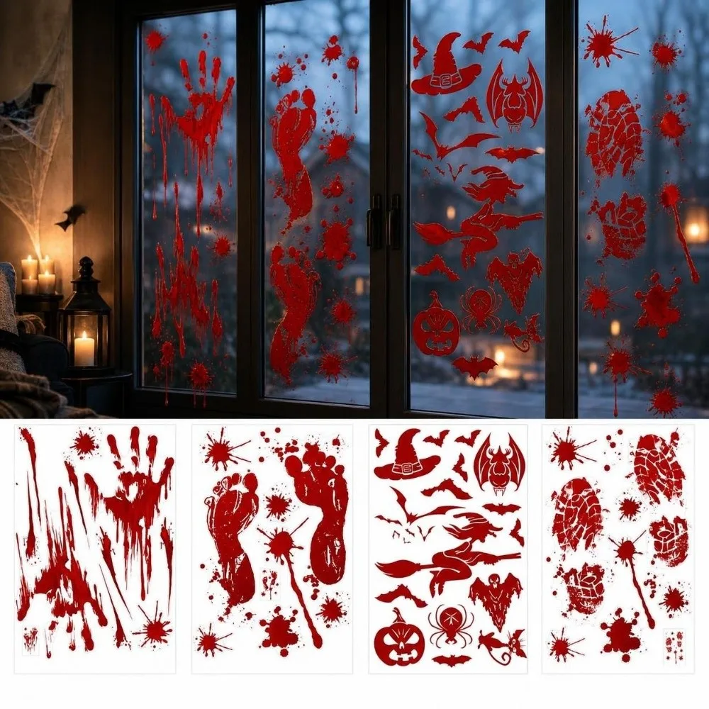 Blood Handprint Footprint Pattern Halloween Window Decoration Sticker Self-Adhesive Removable Static Cling Decals PVC