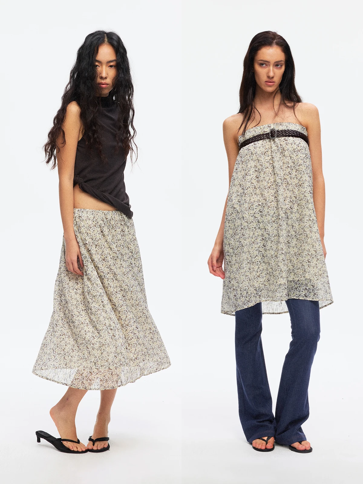 TDDP Summer New Loose Midi Floral Halter Neck Two-Way Wear Women's Skirt Polyester Material A-Line Silhouette Teenage Girls