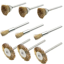Cepillo de latón con ruedas de alambre de acero, herramientas rotativas de taladro, herramienta rotativa de pulido Dremel, Juego de cepillos de eliminación de óxido de Metal, molienda, 9 Uds.
