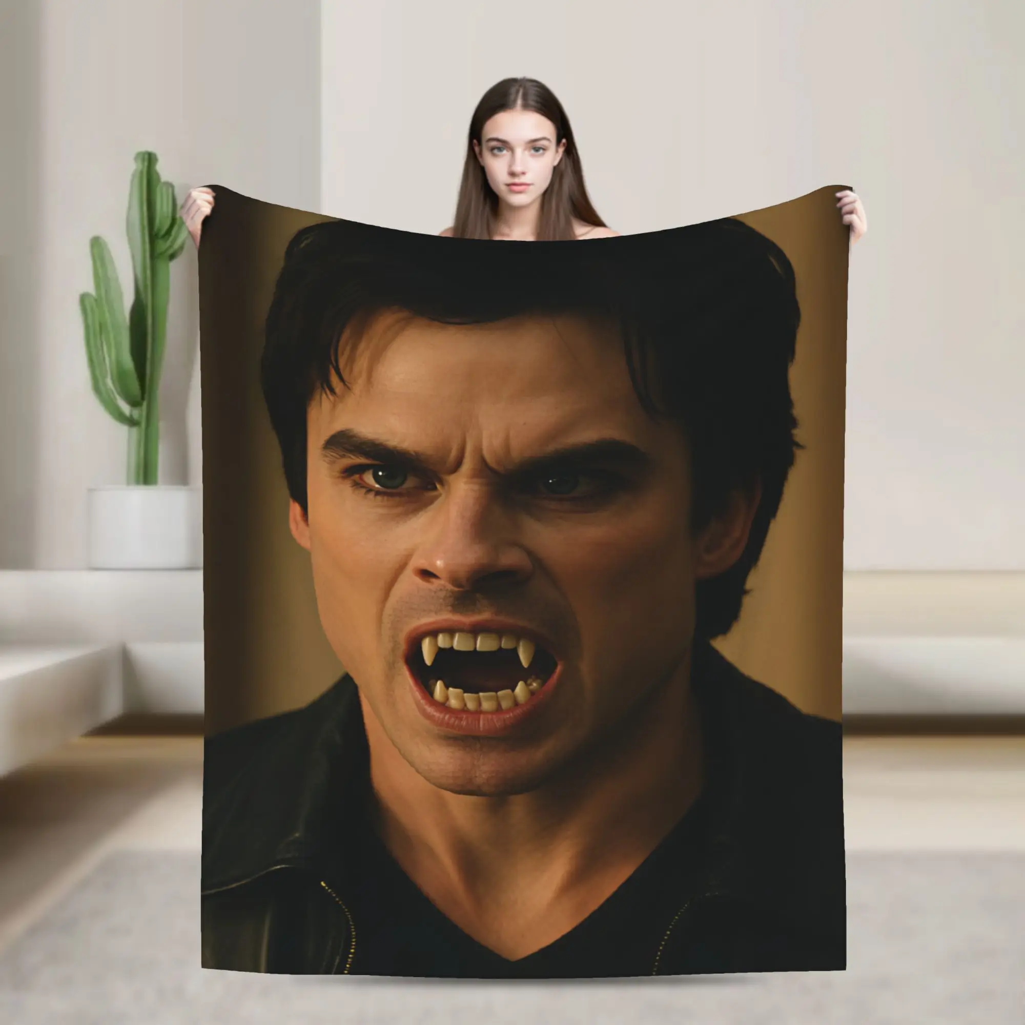 Damon Salvatore Vampire Fangs Rage Blanket Picnic Flannel Throw Blanket For Outdoor Super Soft Design Bedspread Birthday Gift
