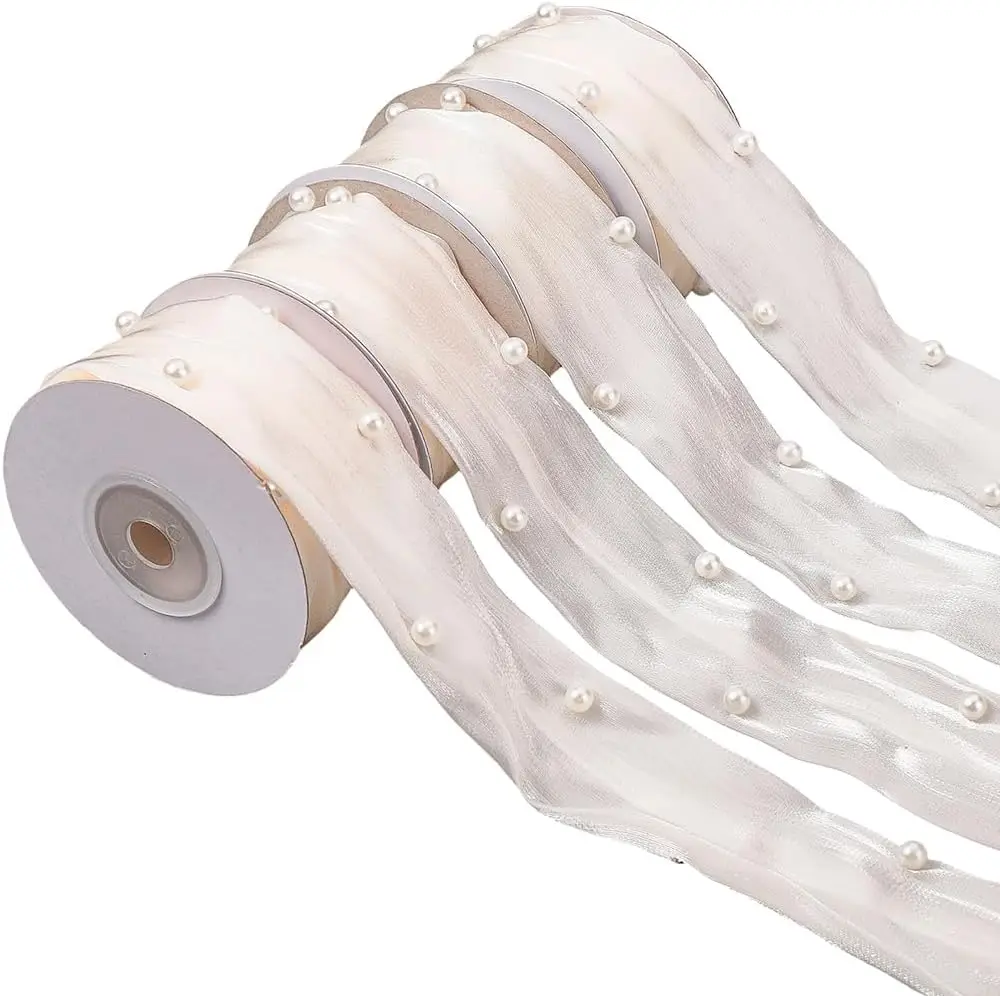 18M Sheer Polyester Wedding Ribbon with Plastic Pearls,1.5 Inch, 4 Rolls, 4.5M Each, Gift Wrapping,Floral Bouquets,Wedding Party