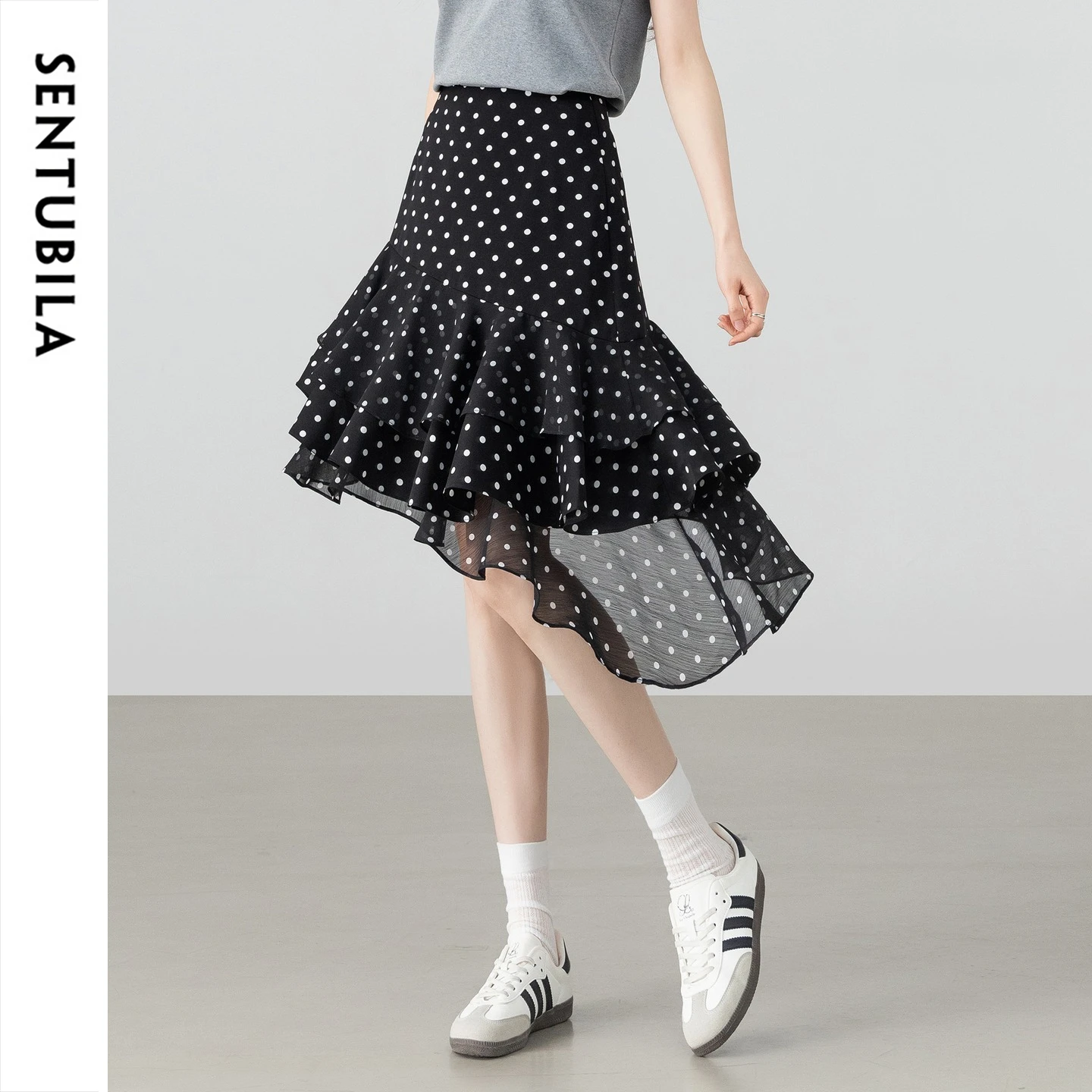 SENTUBILA Black Polka Dot Midi Skirt for Women 2026 Summer Printed Multi-layer Patchwork Irregular Hem A-line Skirt 162QE7113
