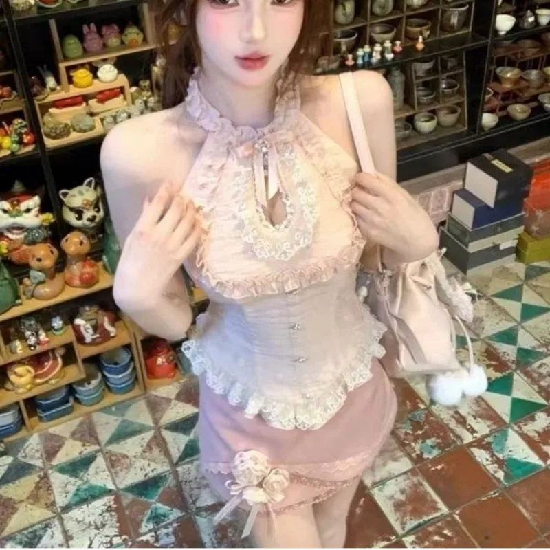 

French Sweet Pure Desire 2-х предметный комплект женские топы без рукавов с подвесным воротником + короткая юбка трапециевидной формы летний новый тонкий модный костюм для цыпленка