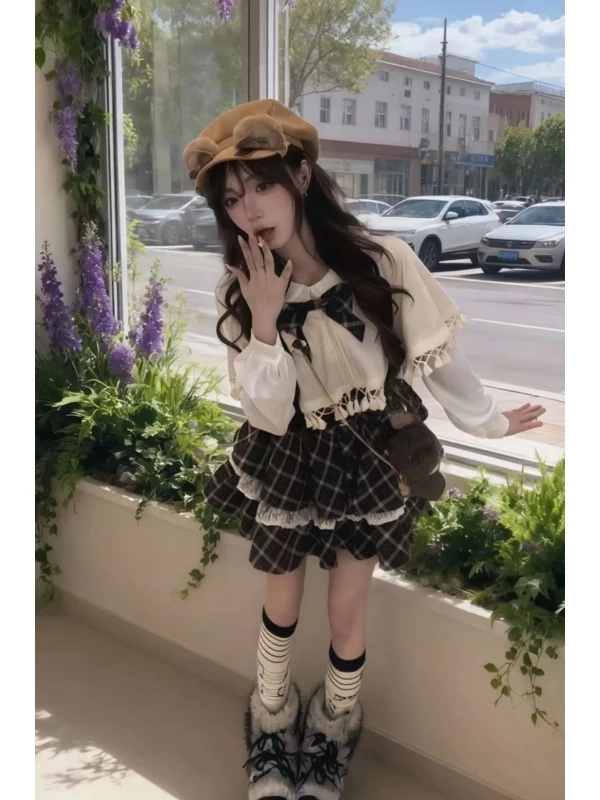 

Cute Girl's Plaid Color Block Shirt And Puffy Skirt Two-Piece Set with Bow Tie Coat Autumn Fashion Women's Regular Fit Long S...