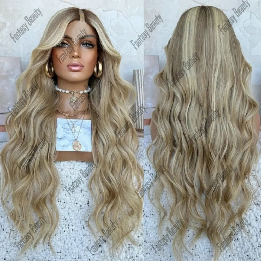 Loose Wavy V Part Wigs 100% Human Hair for Women Dark Roots with Creamy Blonde Highlights Glueless 1*4 Size U Part Wig Human Hai