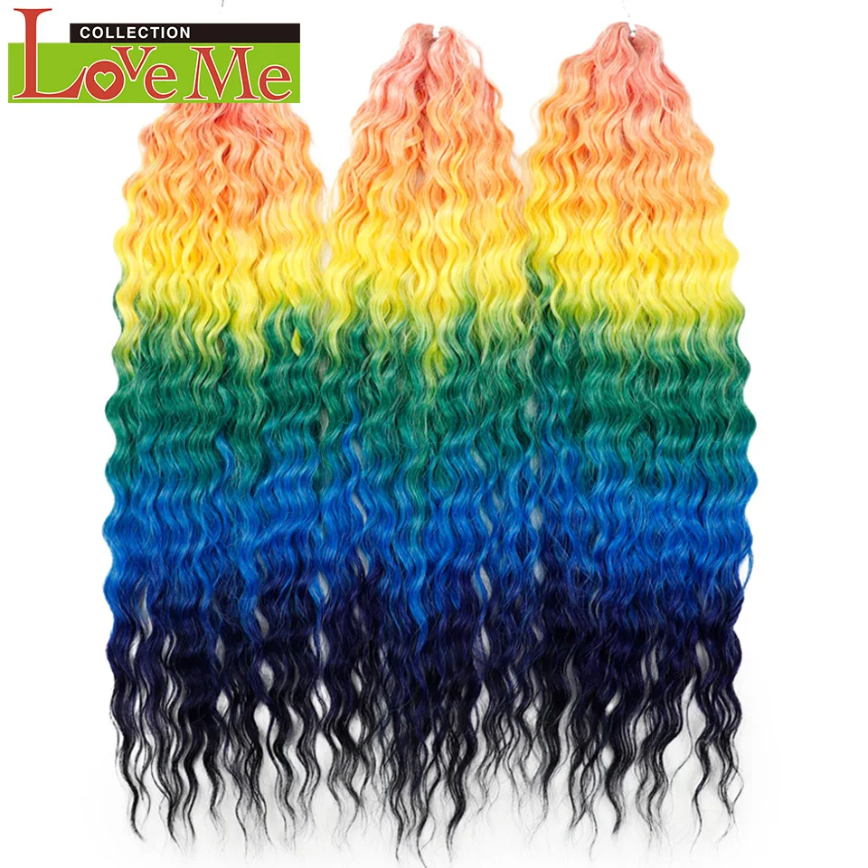 LOVE ME 24 Inch 300g Crochet Hair Synthetic Water Wave Braiding Hair Extensions Ombre Rainbow Fake Hair Deep Wave Curl Hair