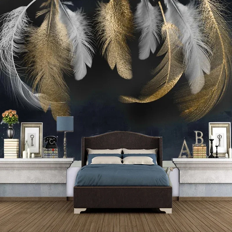 

Custom Mural Wallpapers Home Decor Modern 3D Creative Golden White Feather Photo Picture Fresco Living Room Bedroom Wallpaper