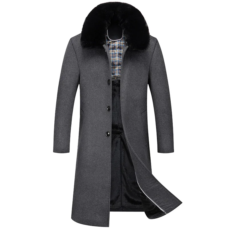 Męskie wełniane płaszcze z futrzanym kołnierzem Business Casual kaszmirowe kurtki X-długie zimowe trencze jakość męski polar ciepła mieszanka wełny