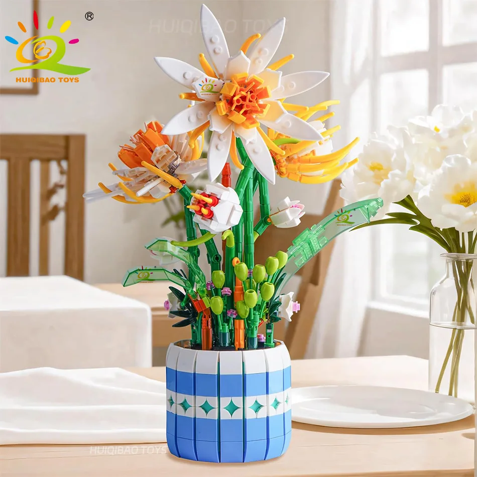 HUIQIBAO Flower Bouquet Epiphyllum Potted Building Block Eternal Flower Set Toy Home Decoration Plant Bricks Toys for Children