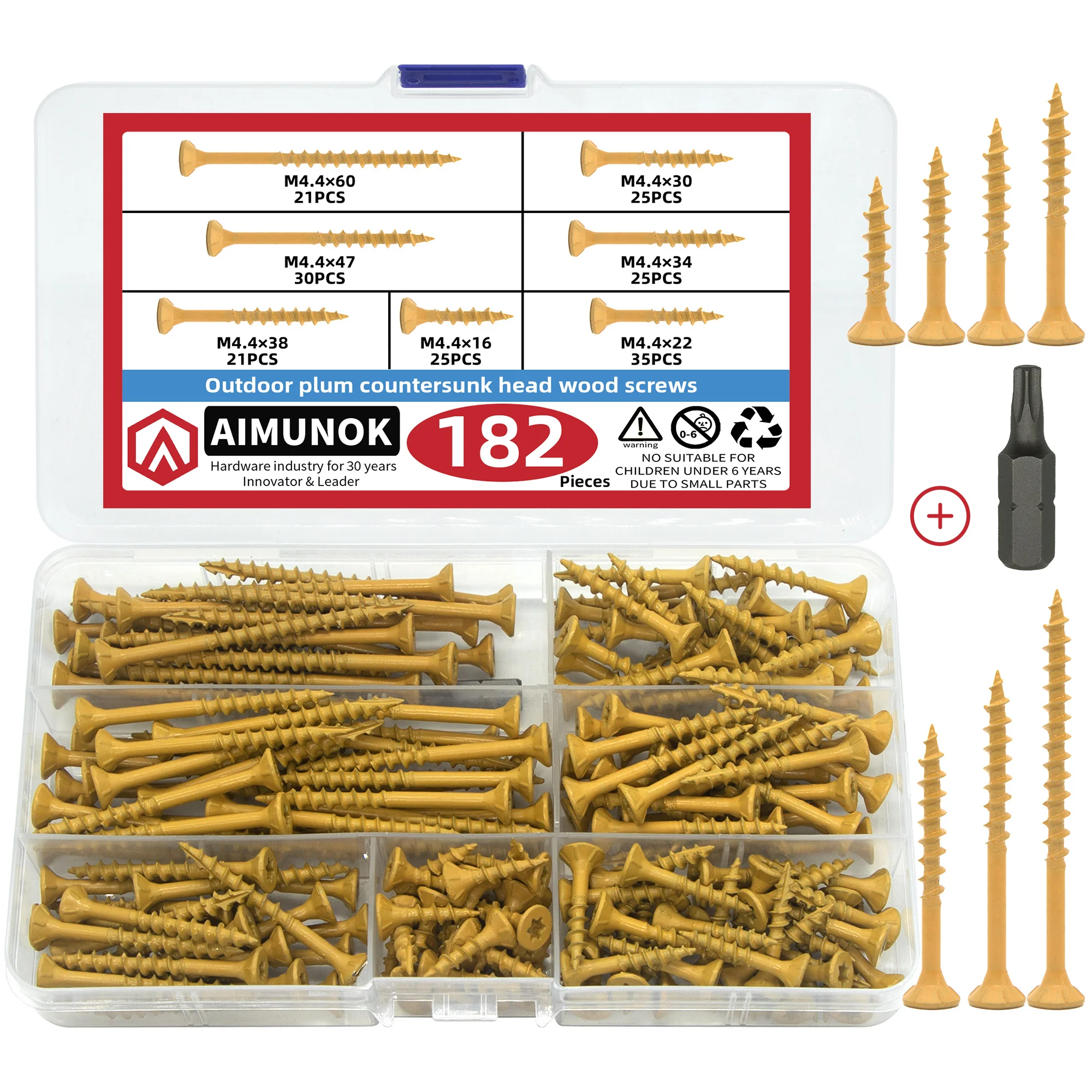 

AIMUNOK, 182 шт., уличные винты из сливового дерева, 7 размеров, поставляются с битами, идеально подходят для деревообработки и строительства