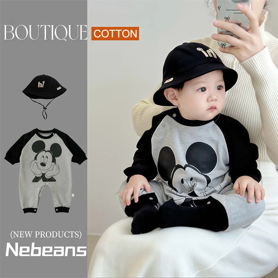 

Disney Baby Cartoon Mickey Outwear Newborn Autumn Soft Jumpsuit Khaki Baby Clothes Toddler loose Cotton Mickey Crawling Suit