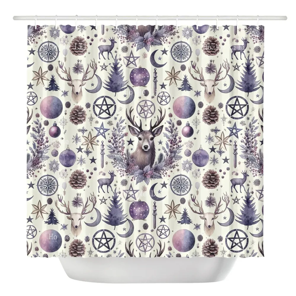 Pagan Pentagram Winter Holiday Forest Animal Bath Curtain Purple Yule Deer Shower Curtains With 12 Hooks