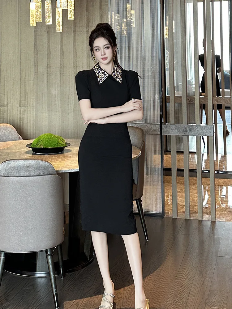 Vestido A-Leibniz para mujer, vestido ajustado con cuello doblado negro, vestido Formal de noche para fiesta, vestido de banquete de boda 65348