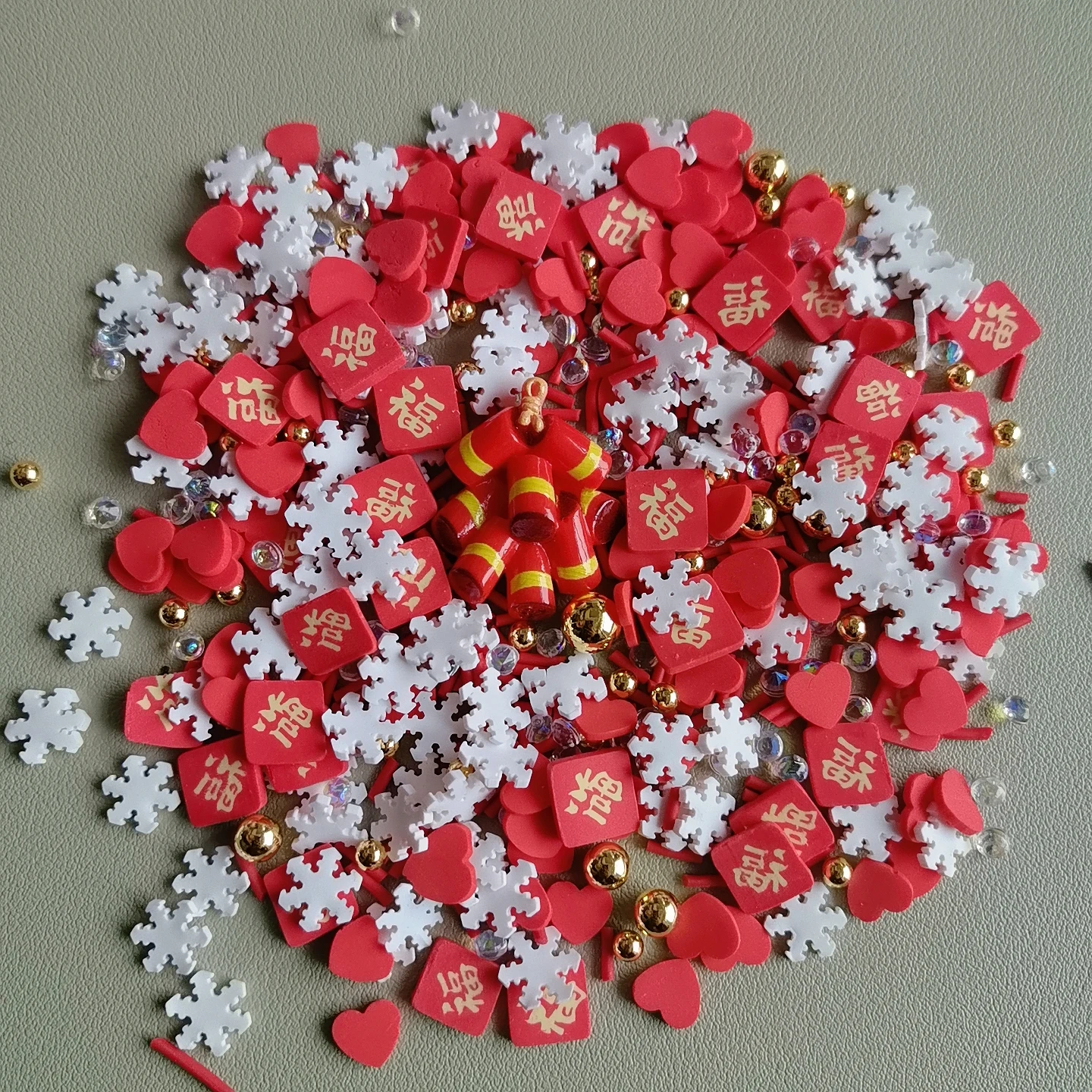 Rebanada de arcilla polimérica de corazón Fu rojo de Año Nuevo Chino, rociadores de confeti encantadores para manualidades, emblema de Arte de uñas DIY