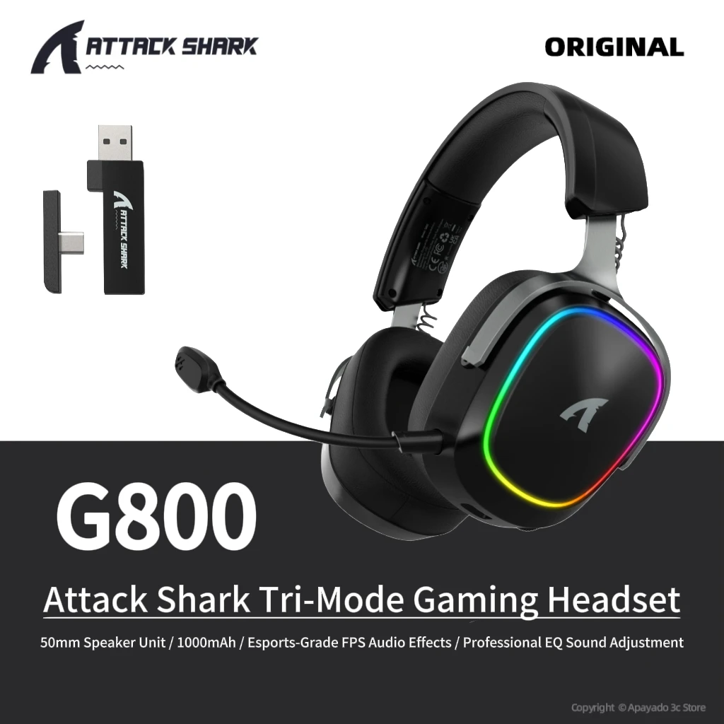 ATTACK SHARK G800 Wireless Headset BT/2.4G/Wired Ultra-Light 50mm Drivers  Low Latency Gaming Headphone for PC PS5 Switch Xbox