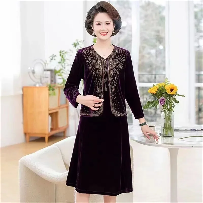 6XL Diamond Inlaid Golden Velvet Dress Mother's Outfit Spring Autumn Wedding Dress Enlarged Size Middle-Aged Elderly Women Noble