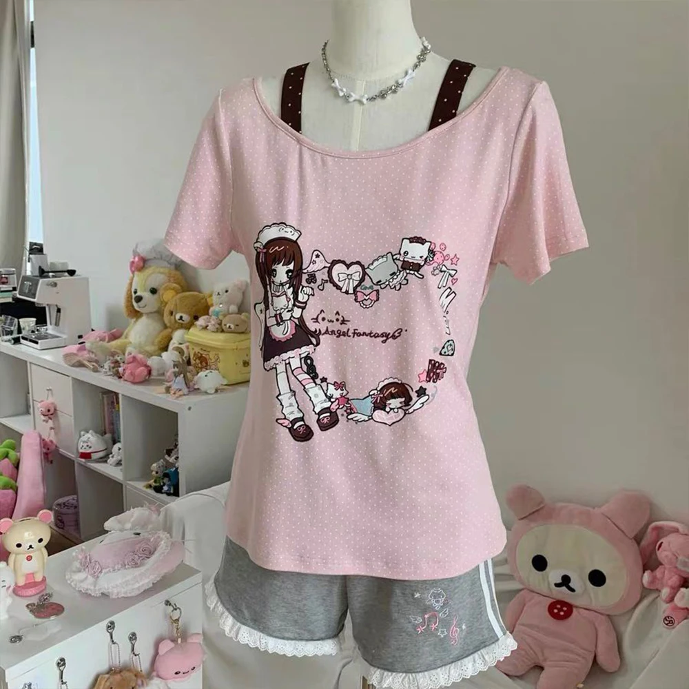 

Original Japanese Kawaii Printed T-Shirt Top Fake Two Piece Fashion Design Pink Brown Palette with Polka Dots Y2K Girls' T-Shirt