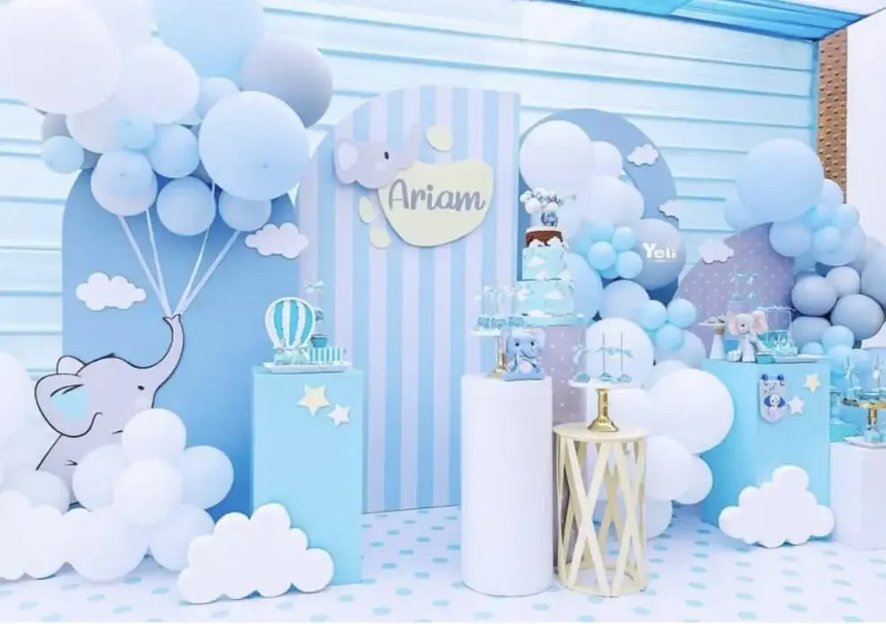 Coperture per fondali ad arco a tema a righe blu chiaro per feste, pannelli ad arco compleanno di nozze e puntelli per decorazioni per feste di Baby Shower