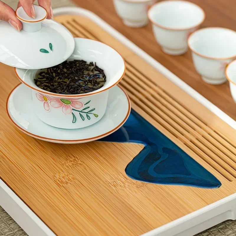 Removable Natural Bamboo Tea Tray Landscape Drawing Board Traditional Household TeaTray Removable TeaTray Chinese Kung Fu TeaSet