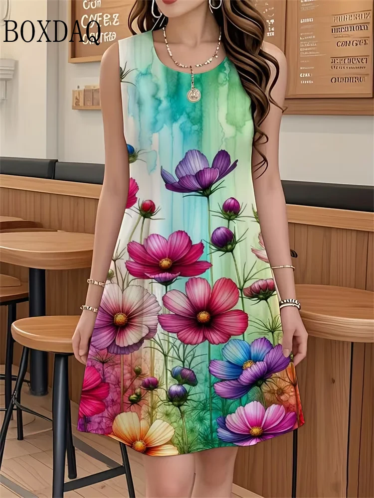 

Gradient Tie Dye Flowers 3D Print Dress For Summer 2026 New Women's Clothing Plus Size Sleeveless Dress Casual Loose Short Dress