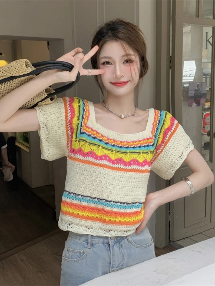 Knitted Rainbow Striped T-shirts for Women 2023 Summer Harajuku Colorful Top Mujer Korean Style Girlish College New Arrival