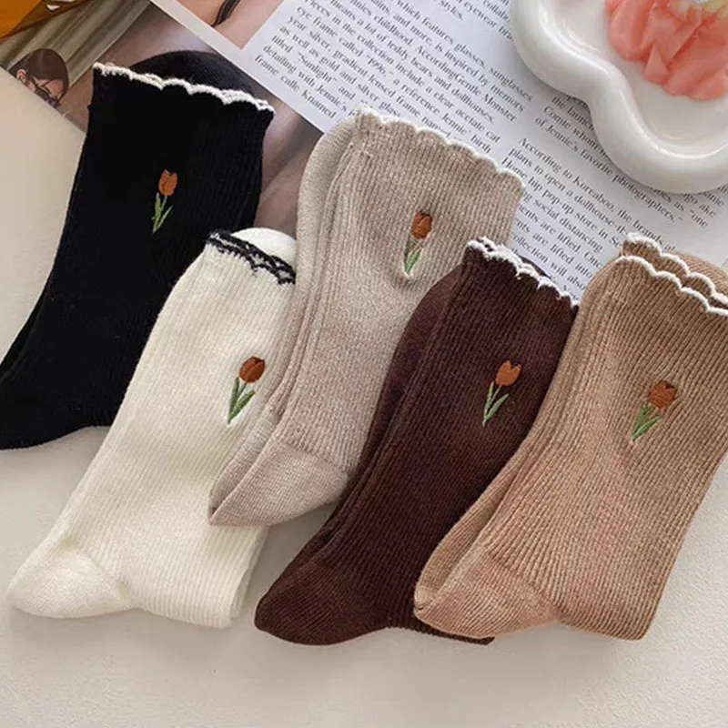 5/10 Paar mittellange Socken einfarbige Socken hochwertige Damen Baumwolle hochwertige Damen Retro Socken College-Stil Socken