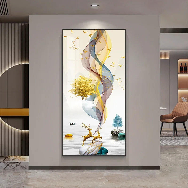 the entrance entrance entrance, vertical version, simple and modern light luxury corridor, mural facing t