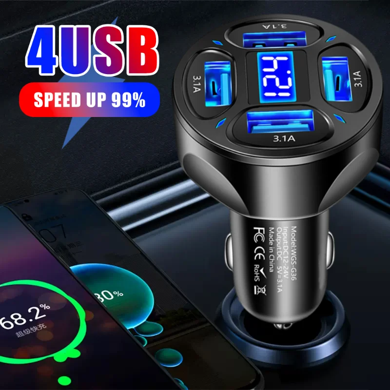 4 Ports USB Car Charger Fast Charging PD Quick Charge USB C Car Phone Charger Type C Adapter For iphone Samsung Huawei Xiaomi