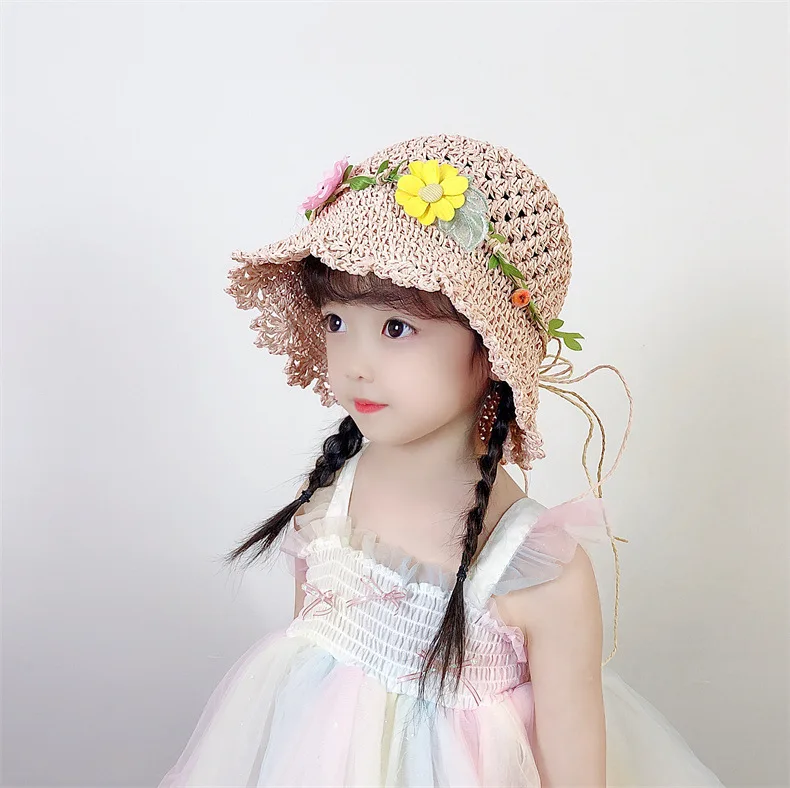 

2024 Sun Hat Wide Brim Floppy Summer Hats For childern Straw Dome Weave Bucket Hat