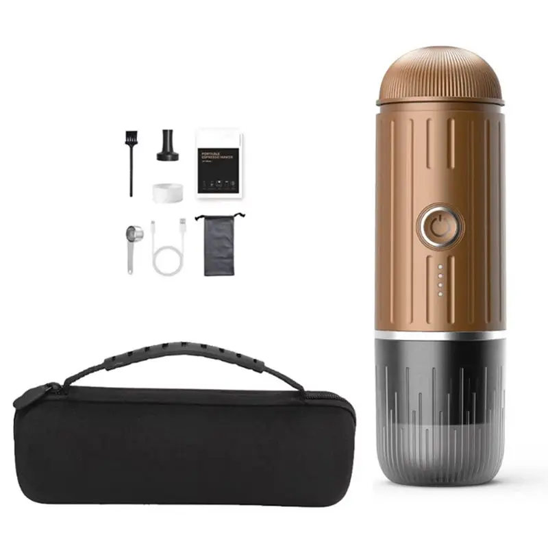 A66T-2 In 1 Electric Travel Espresso Portable Coffee Machine Compatible With Ground Coffee Small Large Capsules Brown