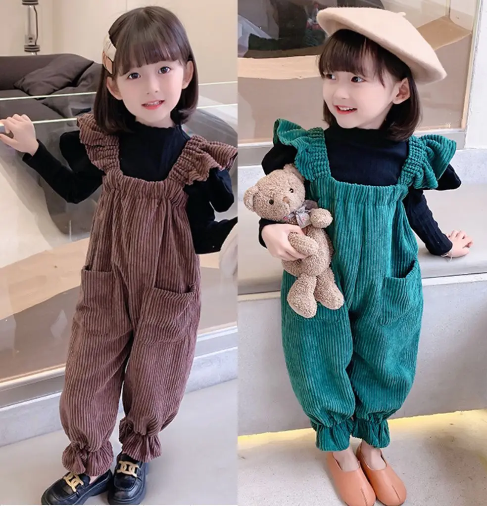 Winter Baby Girls Loose Thick Warm Ruffled Sleeves Corduroy Jumpsuits Kids Jogging Pants Child Therme Bodysuits Trousers 2-8Yrs