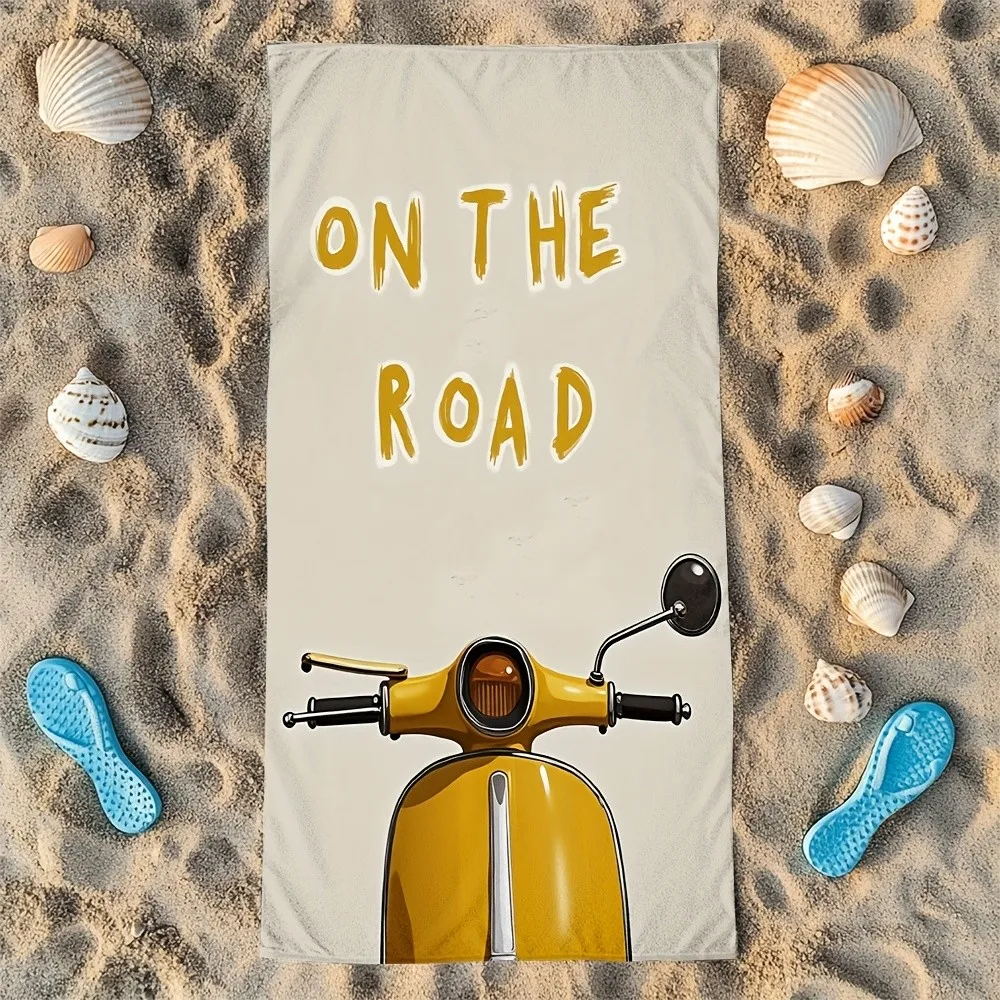 On The Road Vintage Scooter Beach Towel Patterned Sunscreen And Windproof Suitable For Swimming Pool Camping Travel Blanket