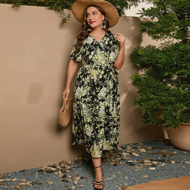 

Large size loose floral dress women's V-neck waist slim long skirt seaside vacation beach skirt high-end temperament elegant cla