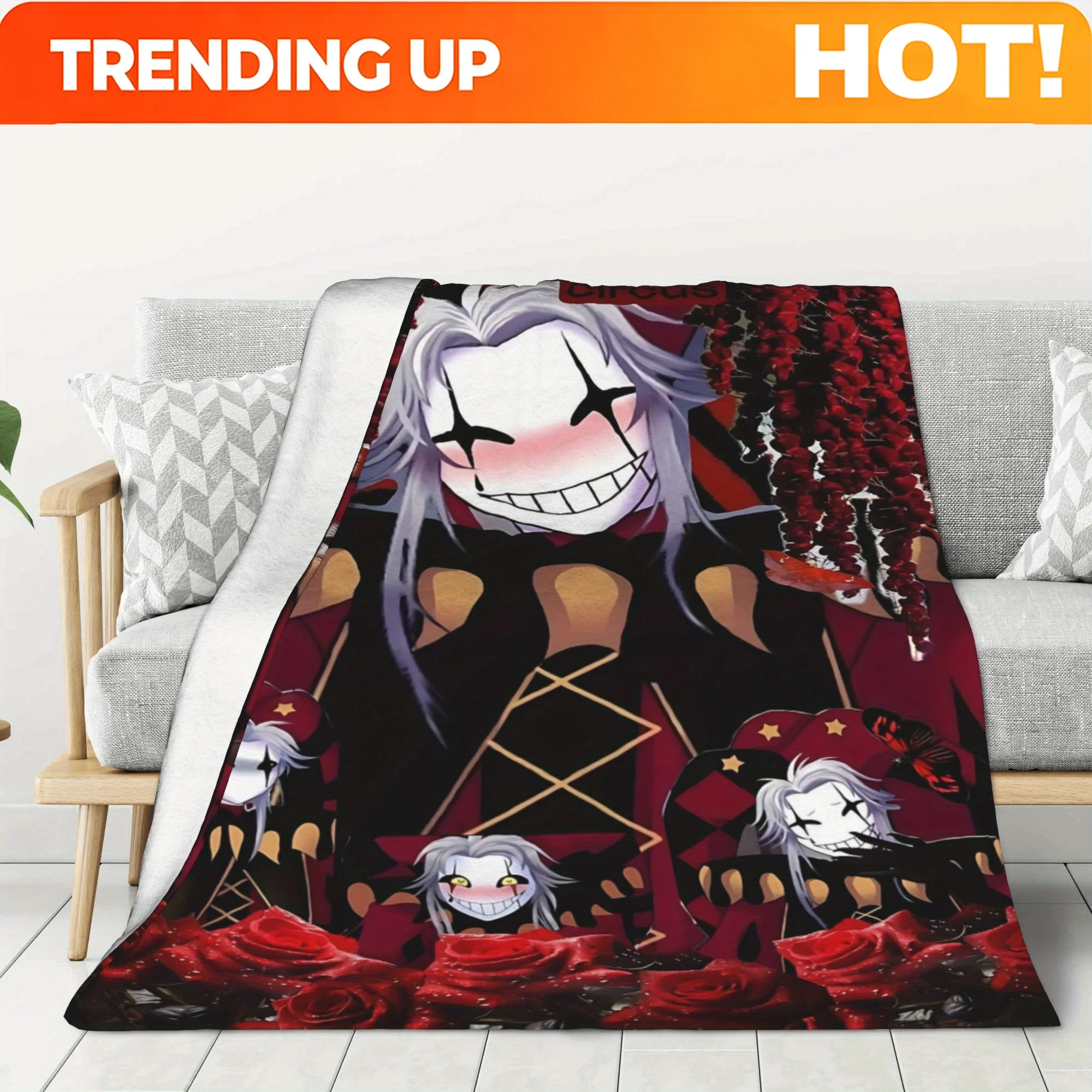 Customize Pierrot Clown Anime Blanket- Pierrot Clown Design, Red and Black Gothic Style Anime Character, Soft Plush All-Season B