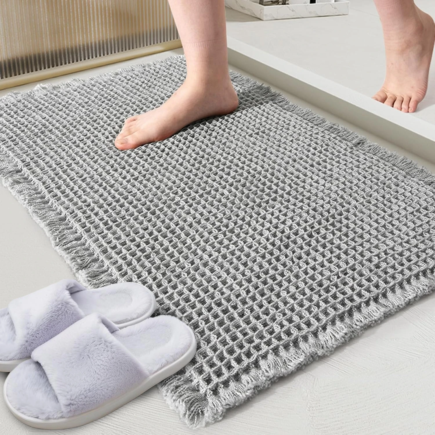 Alfombras de baño tipo gofre, suaves, antideslizantes, lavables a máquina, esteras de baño súper absorbentes con borlas para suelo de baño, bañera al lado de la decoración