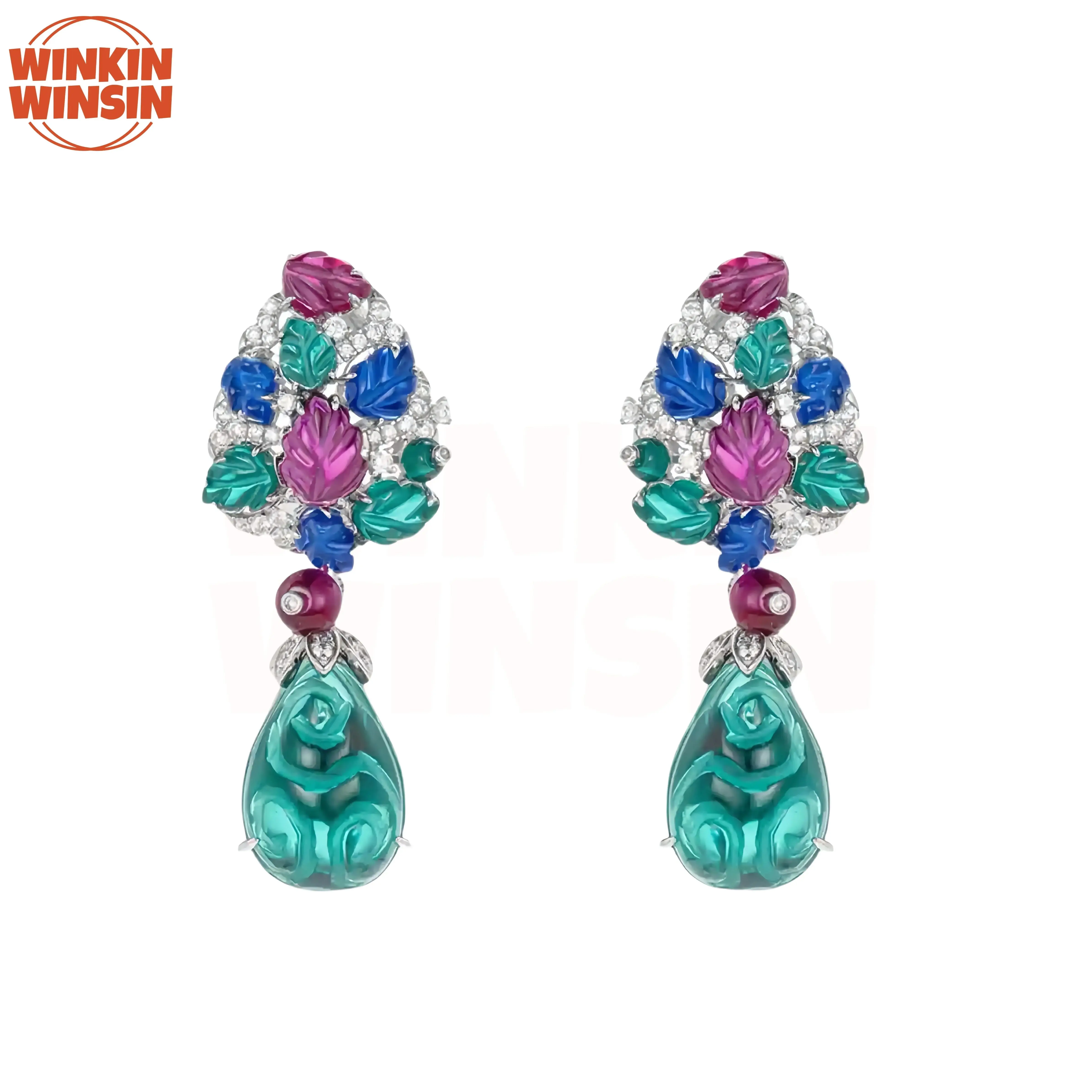 

Winkin Winsin Luxury GRC Test Tutti Frutti Earrings 925 Sterling Silver Jewelry Lab Grown Emerald Fruits Gemstones Drop Earrings