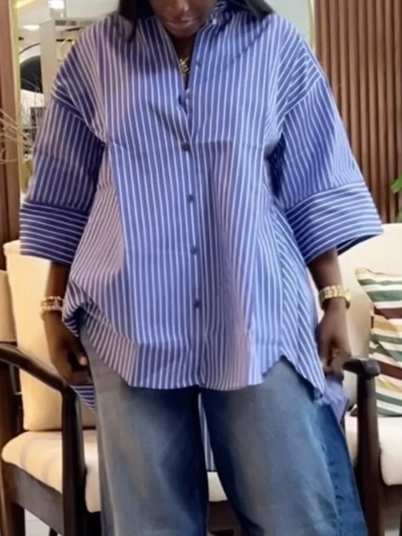 

Полосатые большие рубашки на пуговицах для женщин с широким рукавом три четверти и высоким низким подолом для повседневного офиса или выходного дня