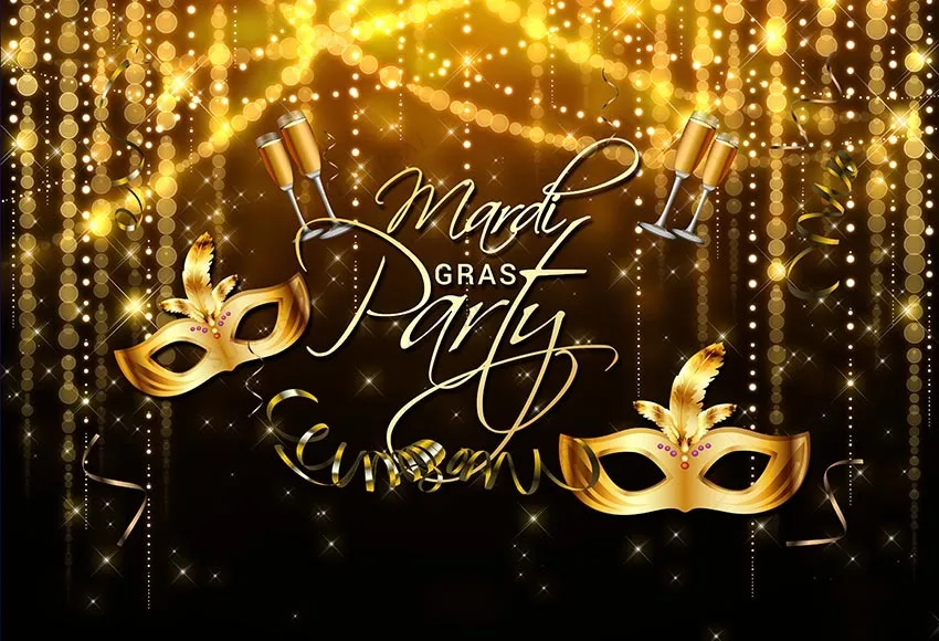 Makeup Party Photography Background Gold Glitter Mask Champagne Colored Ribbons Points of Light Decoration Vinyl Cloth Backdrops