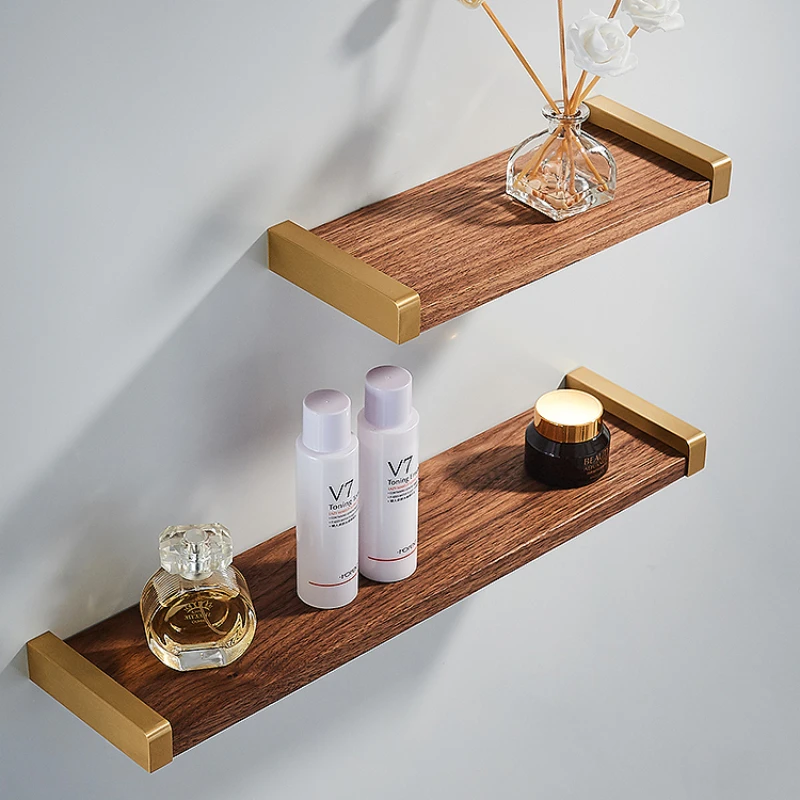 

Eco-friendly Walnut Wood Bathroom Shelf with Toothbrush Cup and Hair Dryer Storage Organizer Modern Nordic Makeup Vanity