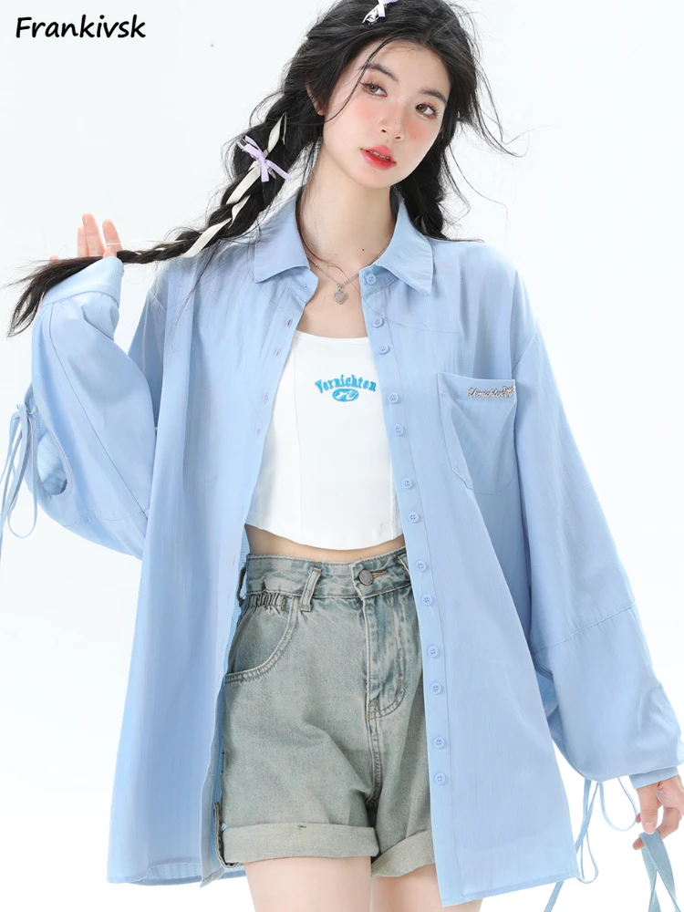 Lace-up Shirts Women Hotsweet European Style Streetwear Solid Boyfriend  Loose Casual Youthful Vitality Summer Sun-proof