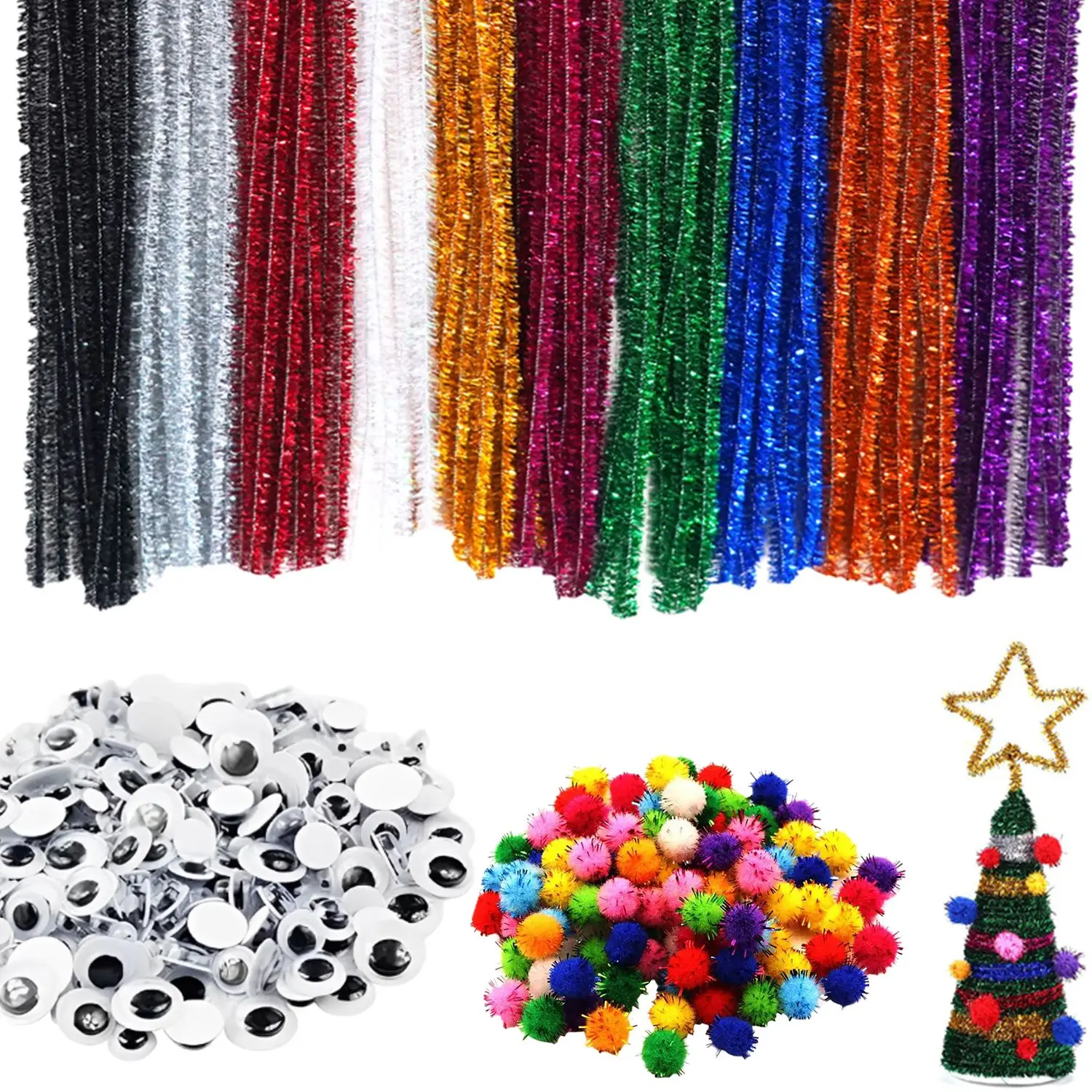 100PCS Pipe Cleaners, 10 Colors Glitter Chenille Stem Pipe Cleaner+100PCS Pom Poms Set, Chenille Stem Pipe Cleaners