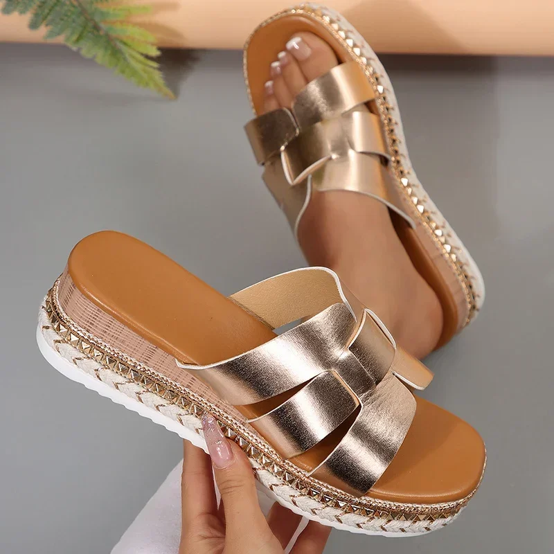 

Fashion Slippers Vintage Buckle Square Toe Slippers Women Shoes Platform Sandals Lady Summer Wear-Resistant Wedge Slides Female