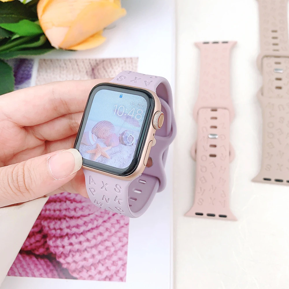 

Silicone Strap For Apple watch band 45mm 44mm 40mm 49mm 41mm 38mm Letters Engraved Bracelet iWatch Series 9 8 7 6 5 3 se Ultra 2