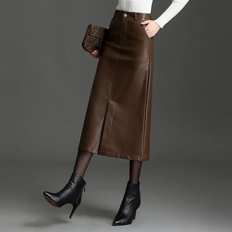 Autumn and Winter Fashion PU Leather Skirt, Solid Color High Waist Straight Tube Package Hip A Word Slit Half Body Skirt Women