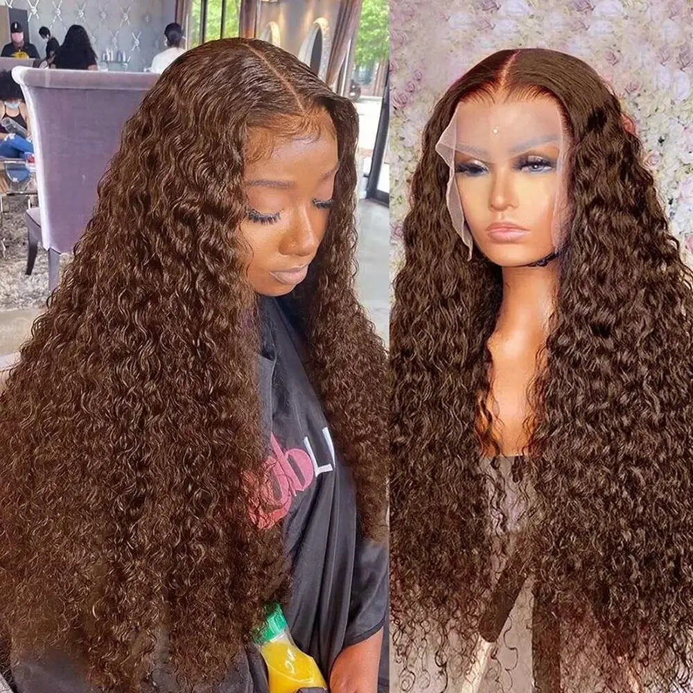 

13x4 Chocolate Brown Curly Lace Front Human Hair Wigs 13X6 HD Transparent Deep Wave Frontal Wig Brazilian Colored Deep Wave Wig