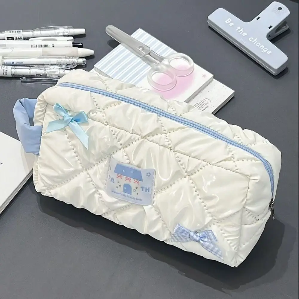 

Student Large Capacity Blue Bow Pen Bag Creative Portable Storage Bag Multi-function Stationery Organizer Cosmetic Bag