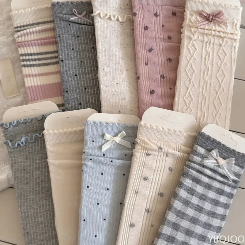 10 Pairs Bow Tie Socks for Women Mid Tube Socks for Spring and Summer Thin Ballet Style Gray Blue Sweet and Versatile Pile Socks