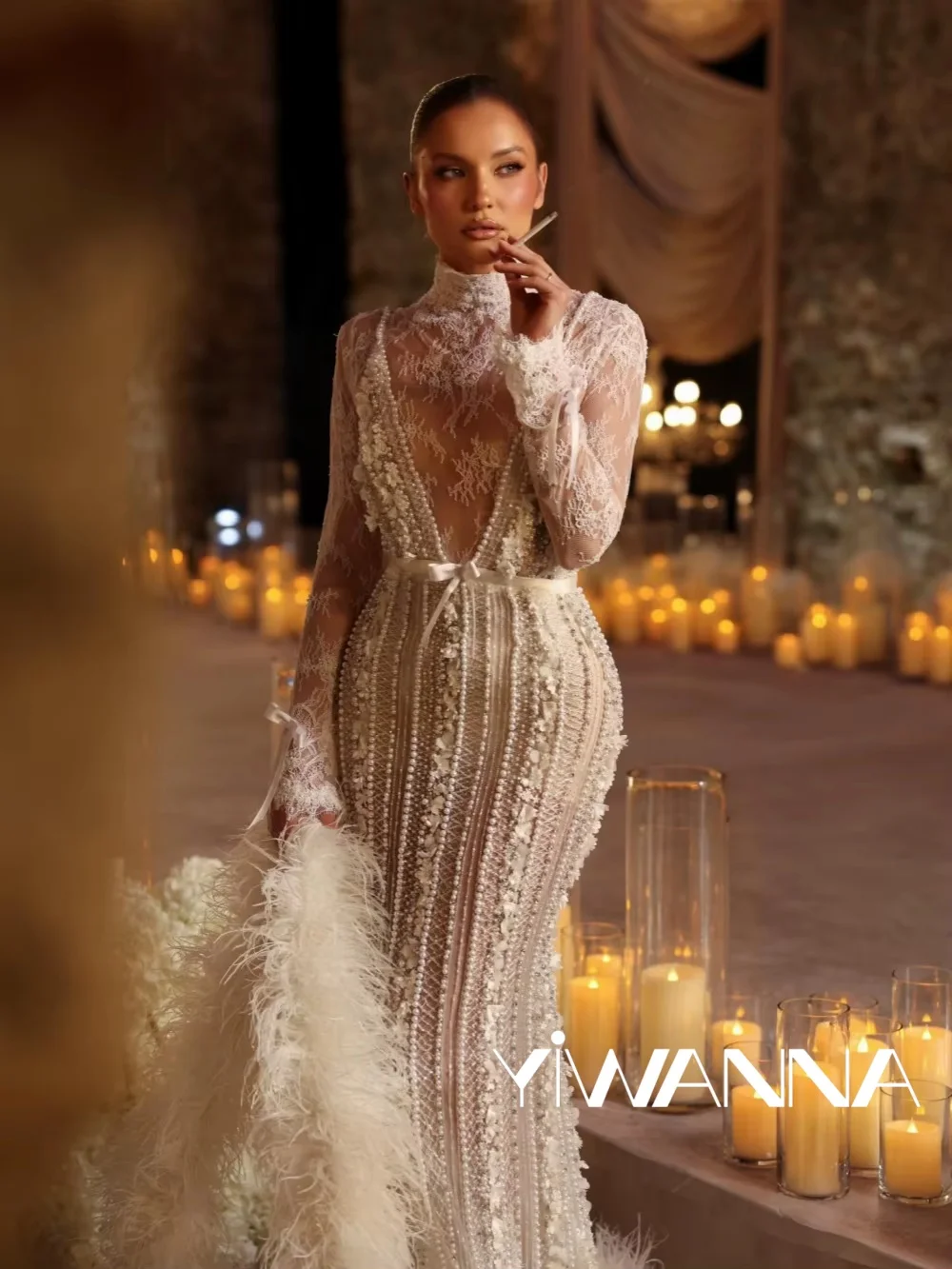 Opulent Sparkly Pearls Wedding Dress Feathered Shawl High Collar Bridal Gown Customized Dreamy 3D Floral Long Dresses For Bride