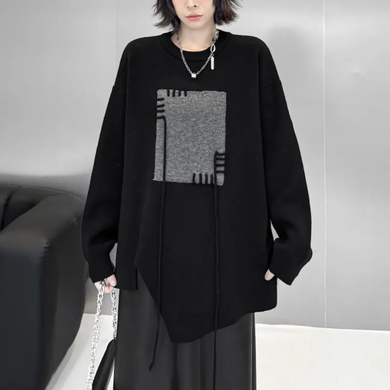 HKSH Autumn Winter New Women Sweater Asymmetric Color Block O-neck Pullover Irregular Hem Dark Trendy Casual Knitted Top HK11987